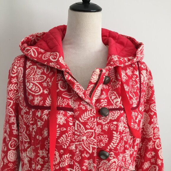 ELEVENSES Anthropologie Textured Red White Floral Polka Dot Lined Hooded Jacket - Picture 6 of 16